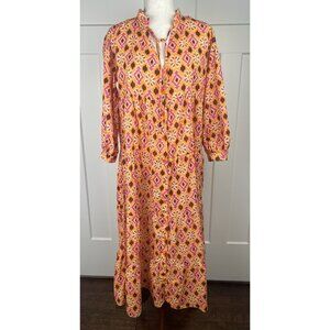 Zara Selma Dress NWT Size Small Orange Pink Ikat Boho Tiered Midi 100% Cotton